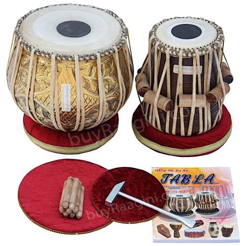 Tabla Set, Maharaja Musicals, 3.5 Kg Designer Golden Brass Bayan, Sheesham Tabla Dayan, Professional Drums, Padded Bag, Hammer, Cushions, Cover, Tabla Drums Indian (PDI-FG)