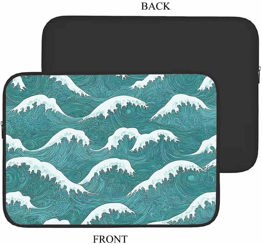 Laptop Sleeve Bag 15.4 15.6 Inch,Sea Wave Japanese Style Water Green Protective Polyester Computer Cases Laptop Cover Briefcase Bag Tablet Travel Cover - Image 2