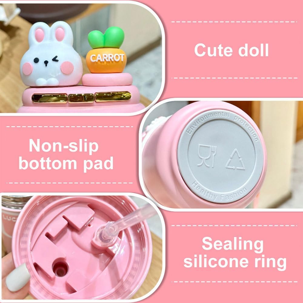 MiOYOOW Kawaii Insulated Water Bottle, 550ML Cute Cartoon Drink Bottle with Straw, Stainless Steel Travel Mug Cup for Hot & Cold Drinks - Image 4