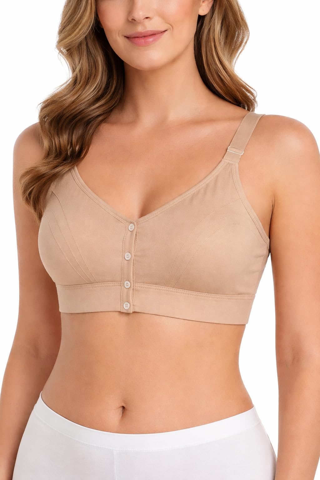 DC' Front Button Closure Bra, Wide Straps, Wireless Support, Everyday Bra, Pack 1 (in, Alpha, L, Free Size, A, 34, Regular, Skin Color)