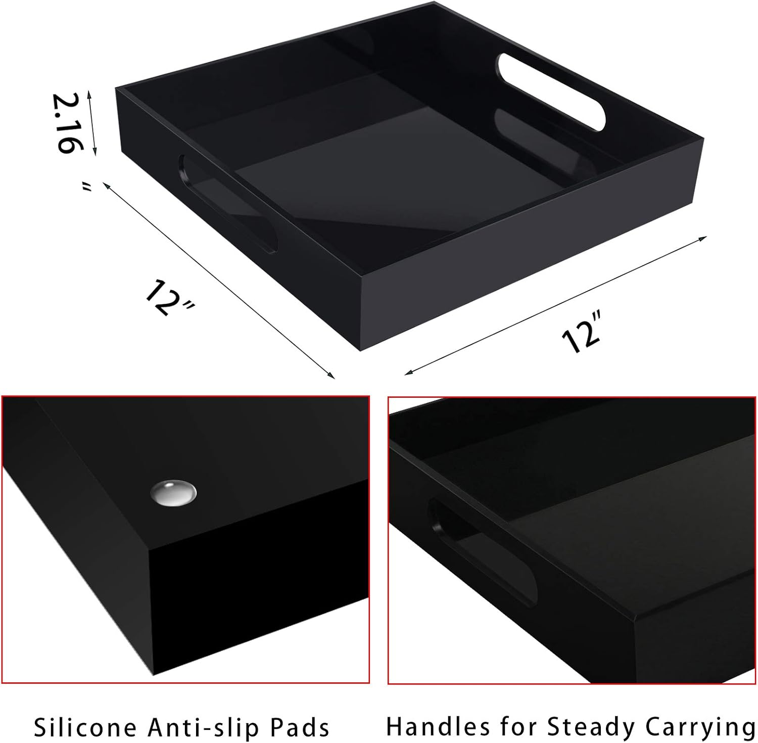 Tasybox Acrylic Serving Tray, Black Decorative Serving Trays with Handles for Kitchen Dining Room Table Ottoman Vanity Countertop 12" x 12" - Image 3