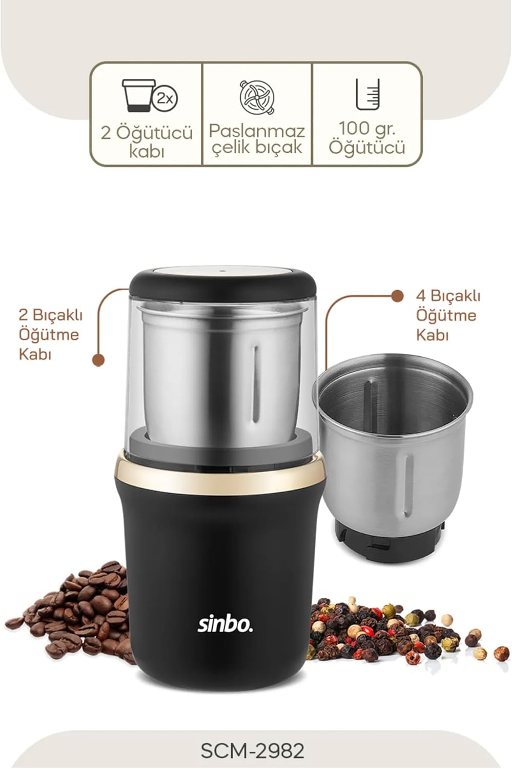 Sinbo SCM 2982 features: two grinding cups, stainless steel blades, 100g capacity