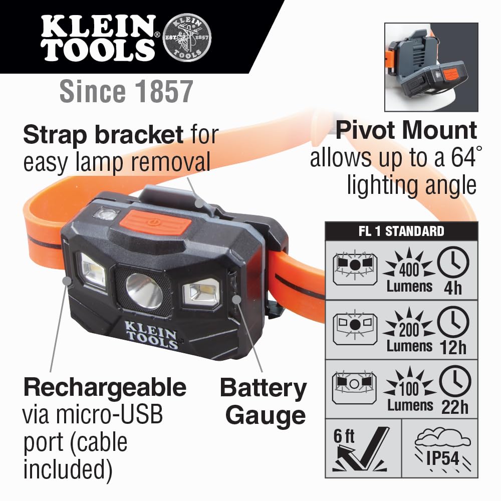 KLEIN TOOLS Lampe frontale LED rechargeable, bande en silicone, 400 lm, autonomie toute la journée, pour le travail, la course, la randonnée en plein air, le camping 56064