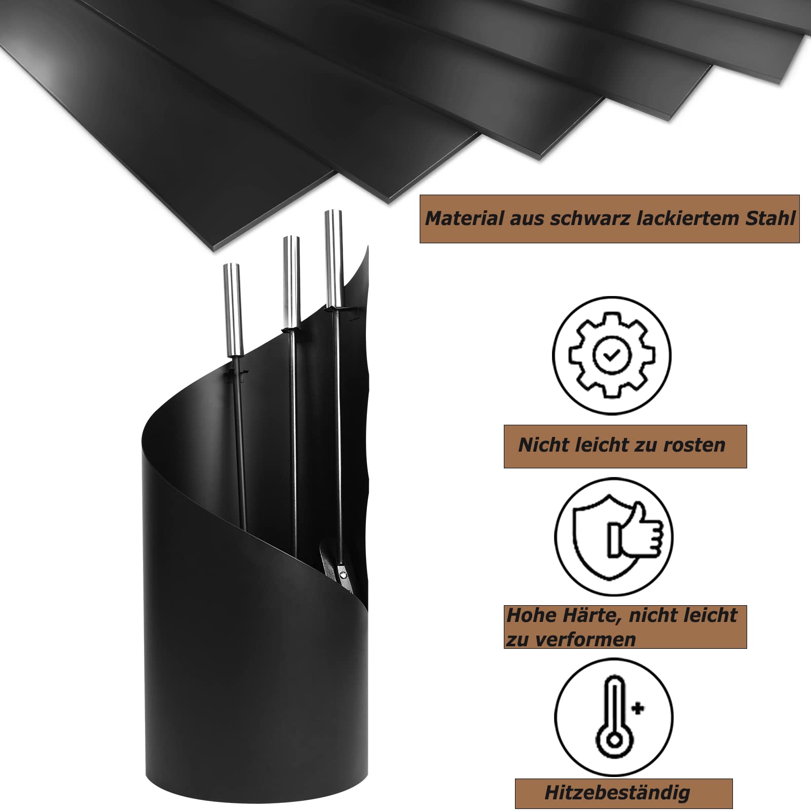 UISEBRT Set De 4 Ustensiles De Cheminée Modernes (Noir) Avec Support : Tisonnier, Balai, Pelle – Acier Inoxydable/Fonte