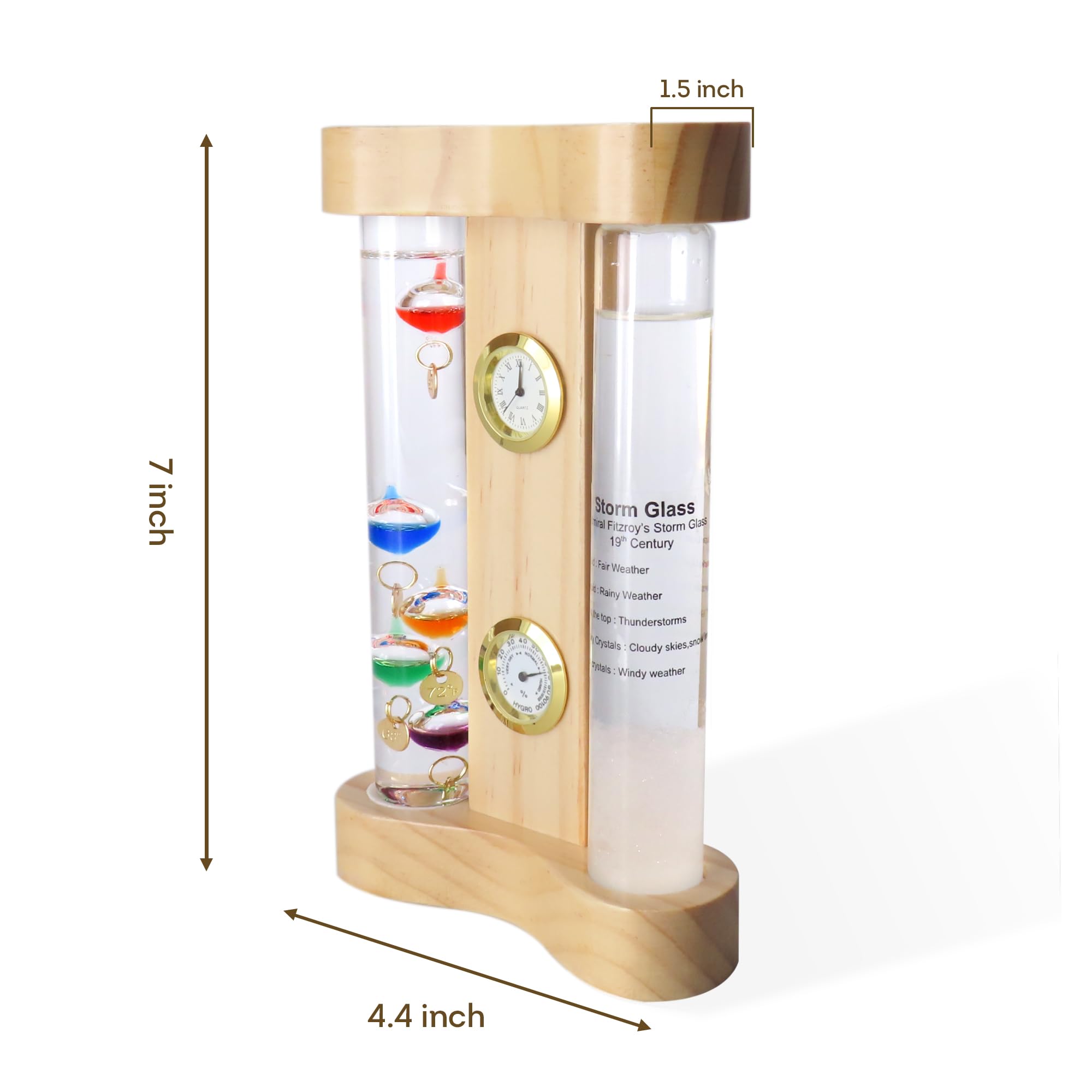 Lily's Home Stazione meteo analogica con termometro Galileo, vetro temporale, orologio al quarzo e igrometro, telaio in vetro e legno, termometro Galileo per interni ed esterni decorazione per la casa