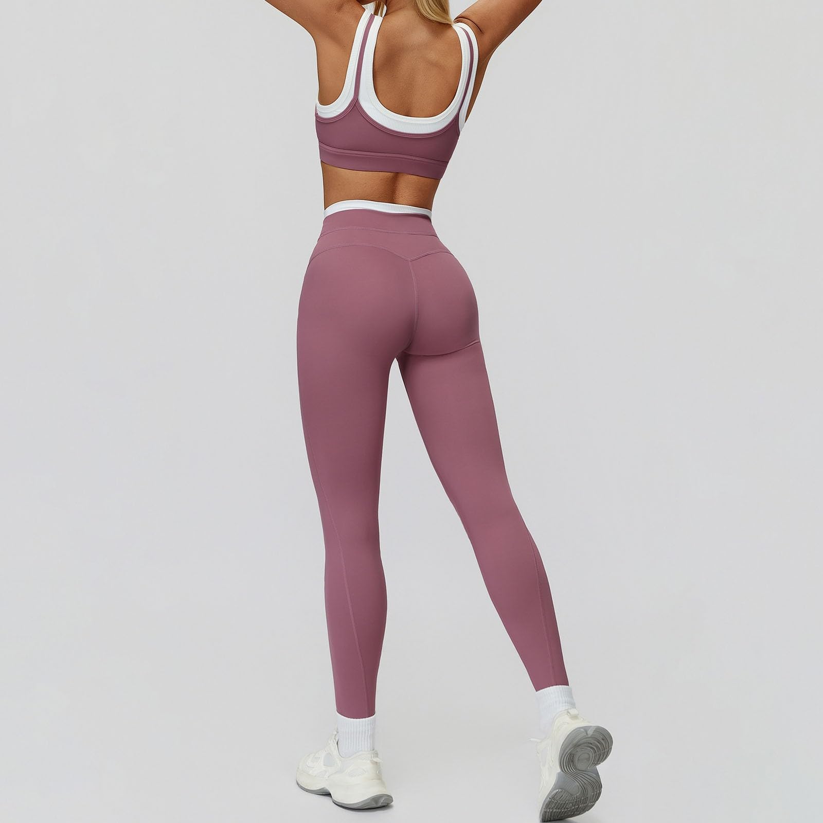 Generisch Tuta sportiva da donna a vita alta, elasticizzata, 2 pezzi, leggings da yoga, a compressione, senza cuciture, traspirante, per fitness, con leggings e reggiseno sportivo