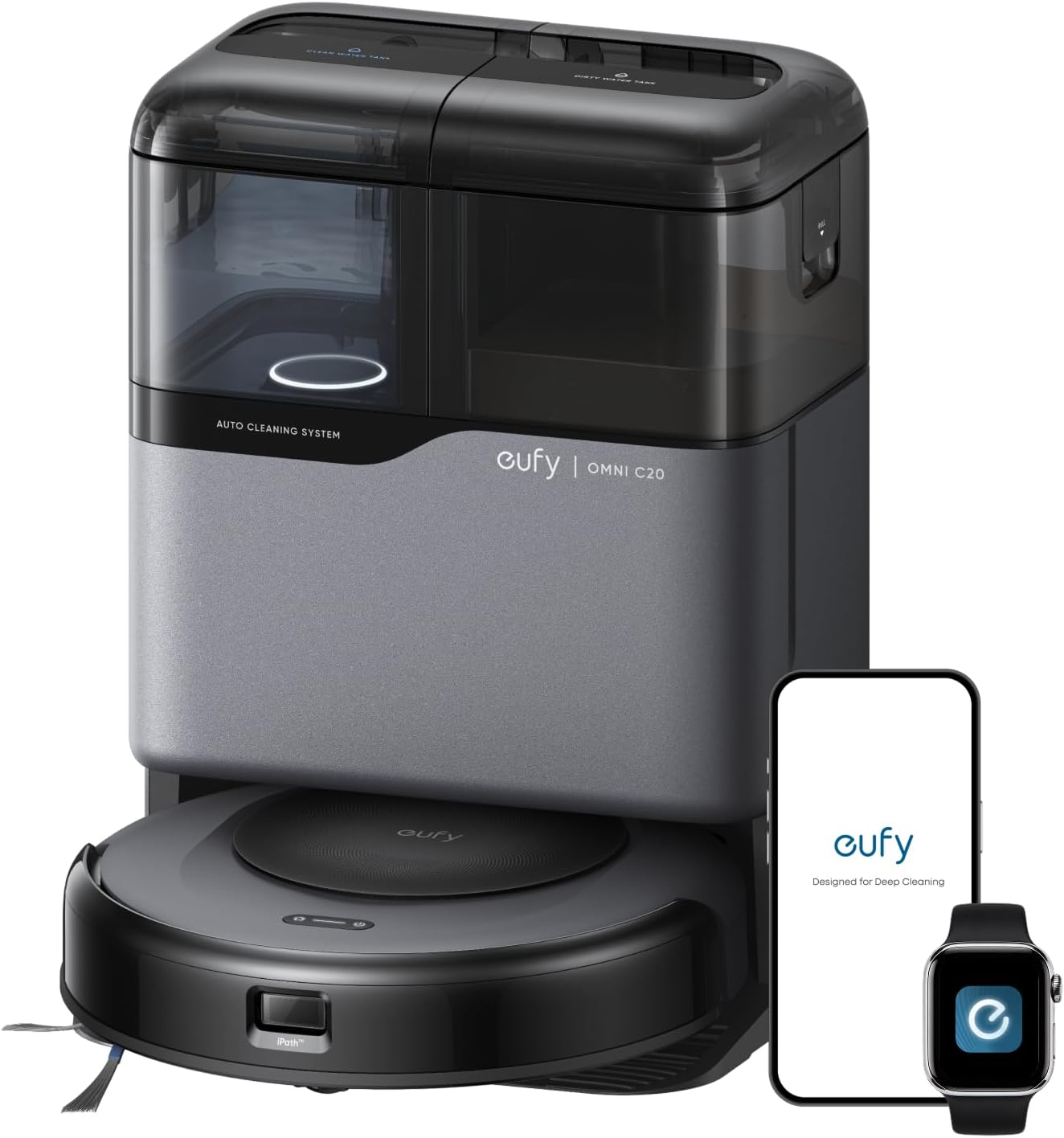 eufy Robot Vacuum Omni C20, 7,000 Pa, 60 Days Self Emptying, Auto Mop Washing, Auto Drying, 3.35" Ultra Slim, Transparent Tanks, Robot Vacuum and Mop Combo