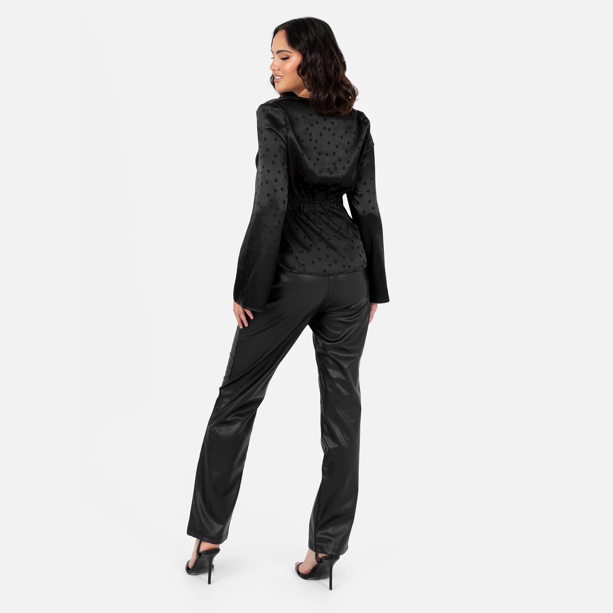 Lovedrobe Women's Satin Top Ladies Blouse Long Bell Sleeve V-Neck Peplum Polka Dot Print Lace Trim Smart Casual Office Wear Party Femme