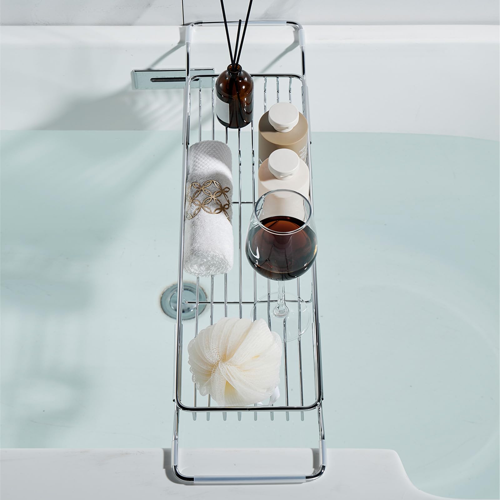 Badewannen-Caddy aus Edelstahl, erweiterbarer Badewannentablett, Tisch, verstellbares Badezimmer-Tablett, Badewannen-Organizer, Wannenregal, Silber, 67 - 89,9 cm
