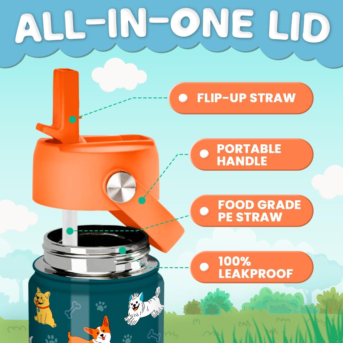 SANDJEST Puppy Water Bottle - Kids Water Bottle with Straw Lid - 12 Oz Insulated Stainless Steel Water Bottles for Kid Boys Girls - Travel Cup for School Sports - Image 3