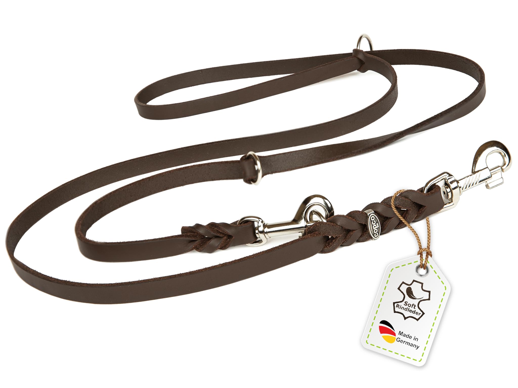 Hundeleine Leder 2,40m mittelgroße Hunde Fettlederleine [3-Fach Verstellbar] Lederleine geflochten – robuste Leine Hund mit Chrombeschlägen – Führleine Hund & Freihandleine – Dog Leash Braun 15mm