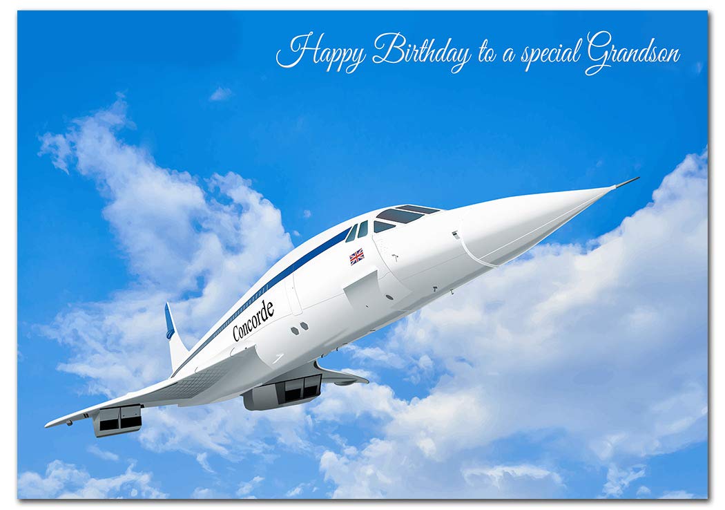 Extra Large Grandson Birthday Card - XL Big thick A4 size - Special Traditional Bday Greeting Men Him - Unusual Cool Iconic Concorde Airplane Art - Huge Happy Wishes - UK Eco-Friendly