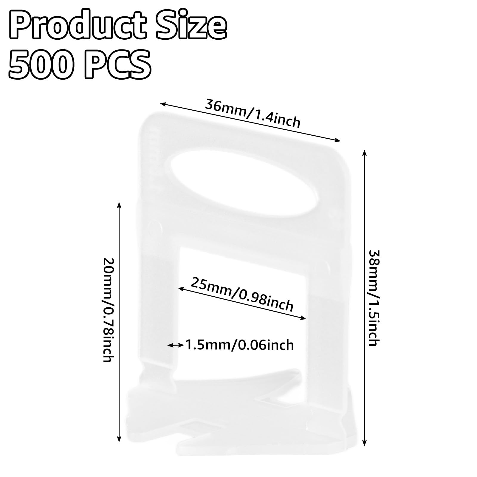 AKOLAFE 500 pezzi sistema di livellamento per piastrelle, 1,5 mm, in PVC, plastica, 36 mm, larghezza delle fughe, altezza delle piastrelle, 38 mm, strumento per la posa delle pietre