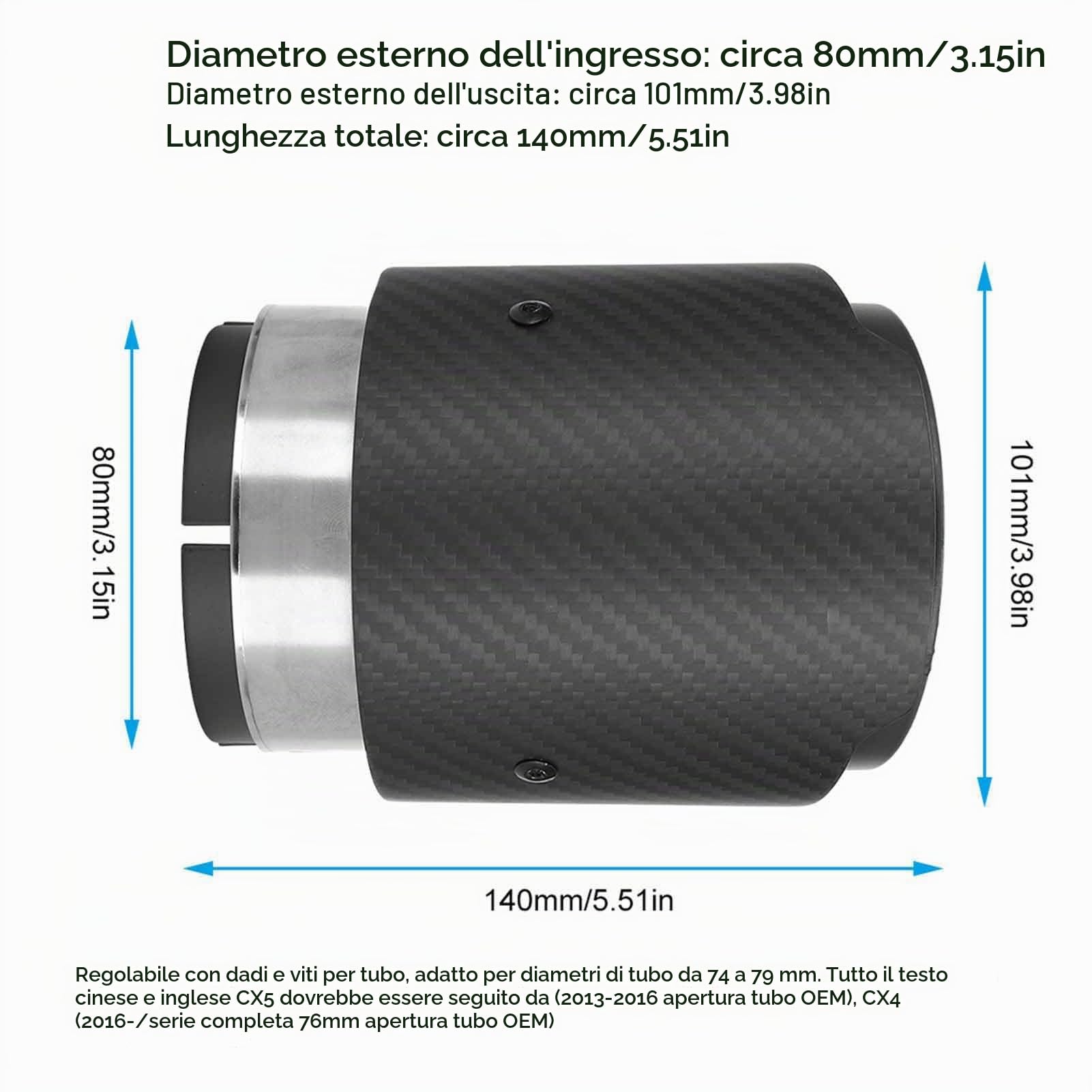 Tubo di Scarico in Fibra di Bon 80mm Ingresso 101mm Uscita Coda Gola Staight Sided Punta Opaca Fit Carbonio Staight Lato per CX5 CX4 Mazda(Tutto nero opaco)
