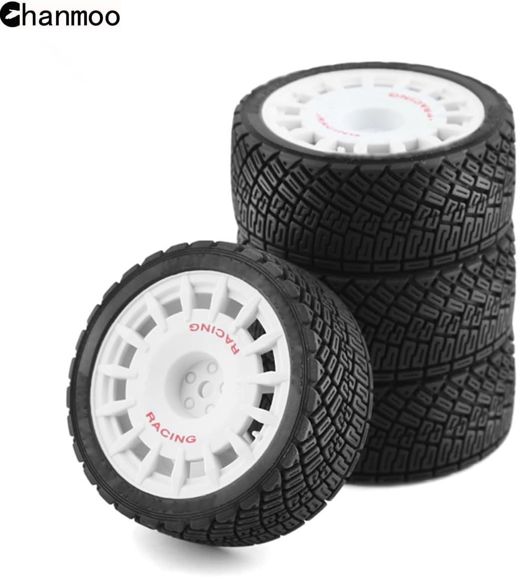 1/10 RC Rally Car Tires On Road Tyres 12mm Hex Plastic Wheels Rims Compatible with 1/10 Scale Racing Car Tamiya TT01 TT02 XV01 TA06 PTG2 HPI KYOSHO HSP RC On-Road Car 4PCS (White)