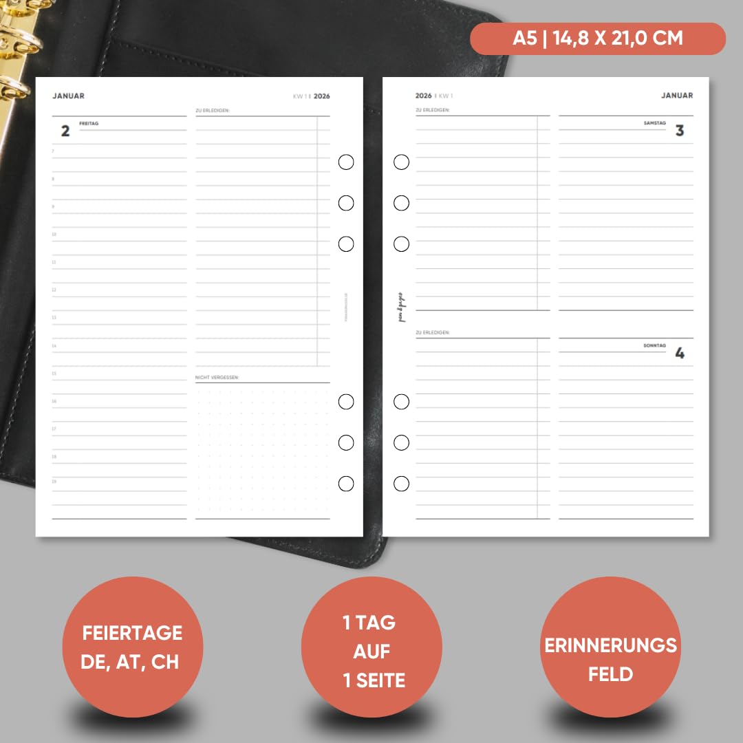 pen & pages® Kalender 2026 "Tagesplan" 1 Woche auf 2 Seiten DIN A5 Kalendereinlage für Ringbuch mit Monatsübersicht Jahresübersicht DACH Feiertagen 6 fach Lochung (All-in-One)