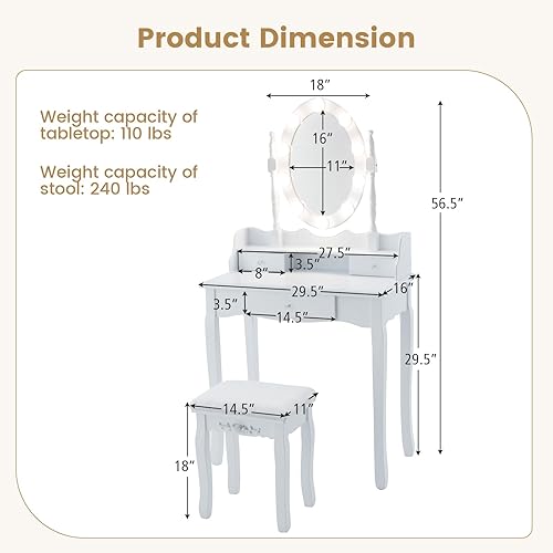 Miniatura 5 de CHARMAID Escritorio de maquillaje para niñas con luces, mesa de tocador con espejo iluminado, 3 modos de iluminación, brillo ajustable, mesa de
