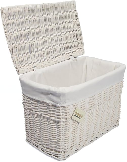 Medium White Wicker Storage Basket Trunk Chest Hamper Lidded with Cloth Linning