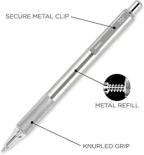 Miniatura 7 de Zebra Pen F-701 Bolígrafo retráctil barril de acero inoxidable punta fina 0031in tinta negra paquete de 1