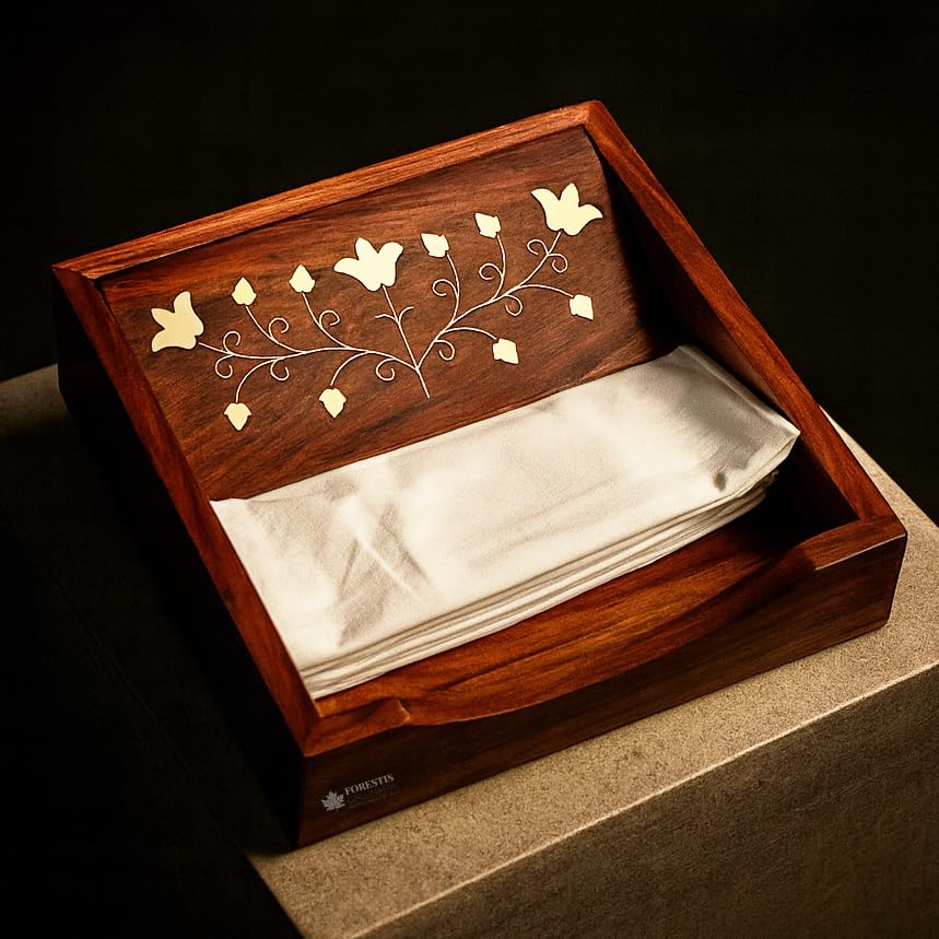 Image of Wooden Tissue Box| Rosewood Napkin Box| Tissue Holder Organizer for Table, Home, Office, Car| Rectangular Facial Paper Cloth Storage Case| Dispenser (7.5X7.5 Inches, Vana Rosewood Tissue Box)