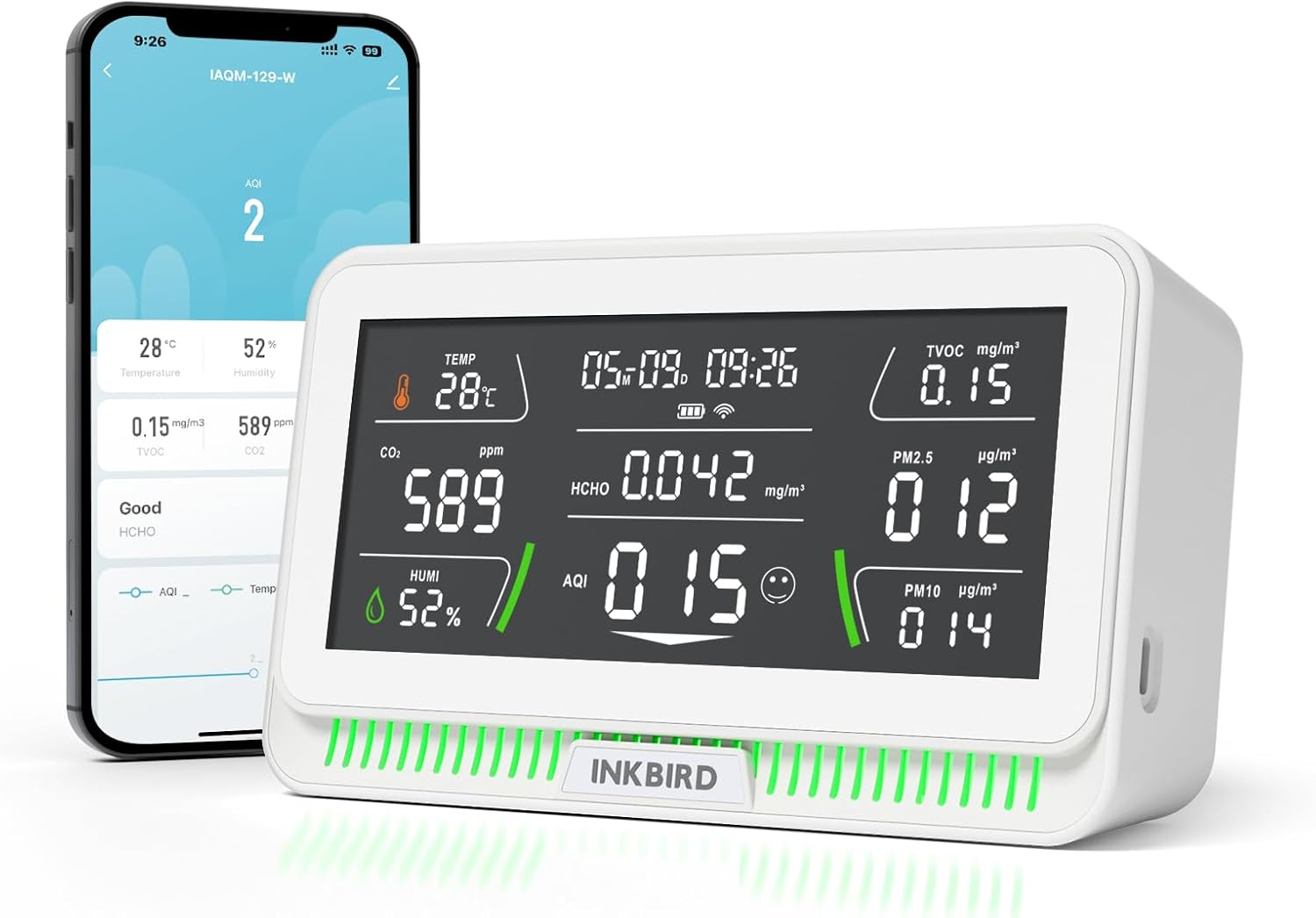 10-in-1 Air Quality Monitor with WiFi App Alerts | CO2, PM2.5, HCHO, TVOC Detector | 6.1″ HD Display & 2Y Data Storage | Wall/Desk Mount for Home, Office, School (White)