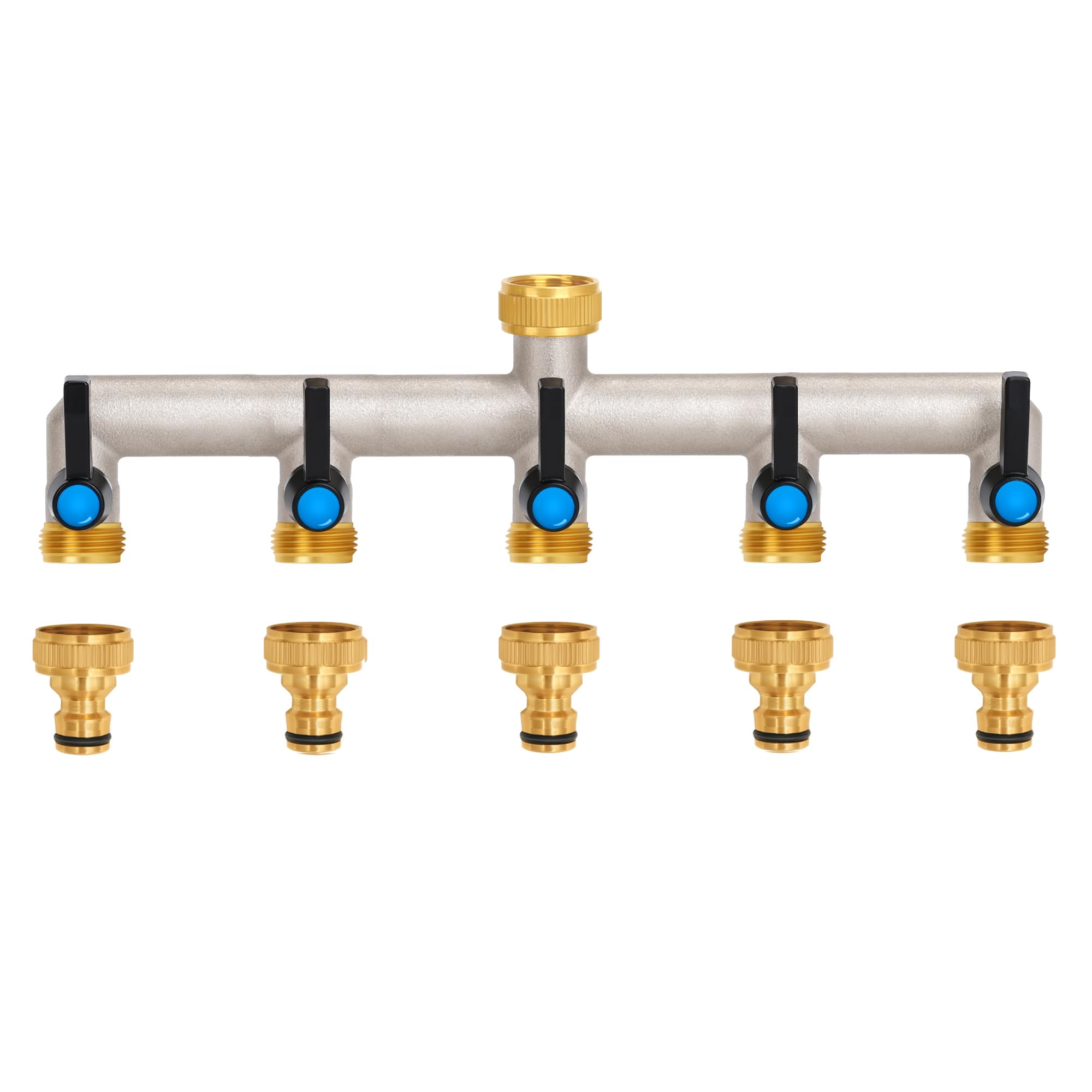 Distribuidor de agua para grifo de 5 vías, mango extendido, 3/4 pulgadas, latón de 3/4 pulgadas, distribuidor con válvulas de cierre individuales, distribuidor de 5 unidades, adaptador de