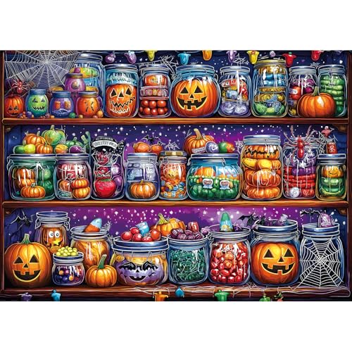 1000 Piece Halloween Puzzles for Adults, Spider Candy Jar for Adults, Decor Challenge Art Jigsaw Puzzles, for Halloween Birthday Party Games Family, 27.5" X 19.7" Dust Free Puzzle
