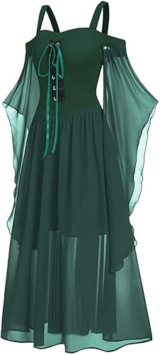Miniatura 4 de JEGULV Vestido gótico renacentista para mujer, con hombros descubiertos, manga de mariposa, vestido largo con cordones, vestido steampunk