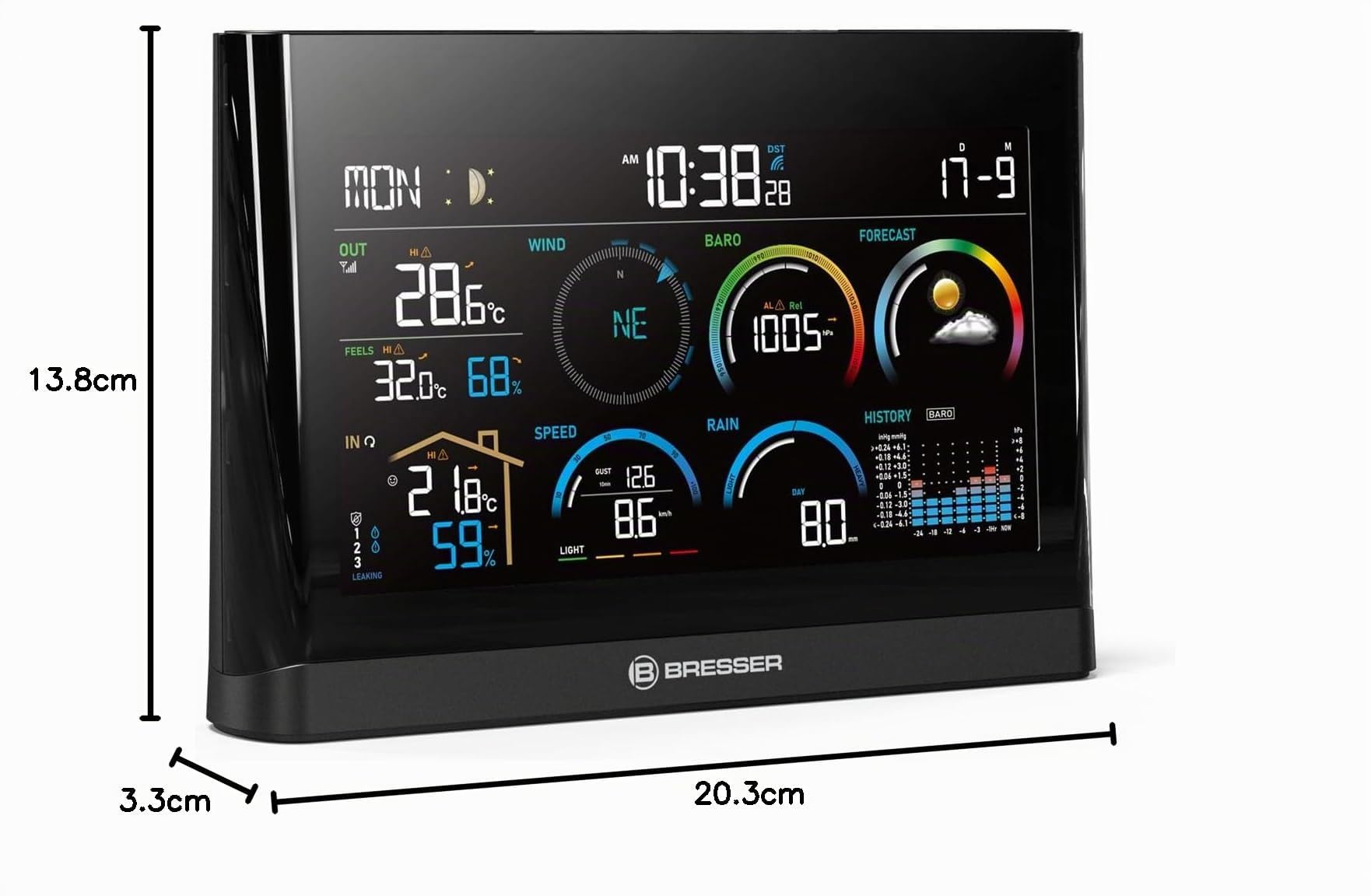 Bresser 5-in-1 Profi-Wetterstation mit Außensensor, Wetterindex, Frostwarnung, Schwarz | Innentemperatur und Außentemperatur, Luftfeuchtigkeit, Regenmesser, Windmesser, Wettervorhersage, Frostwarnung