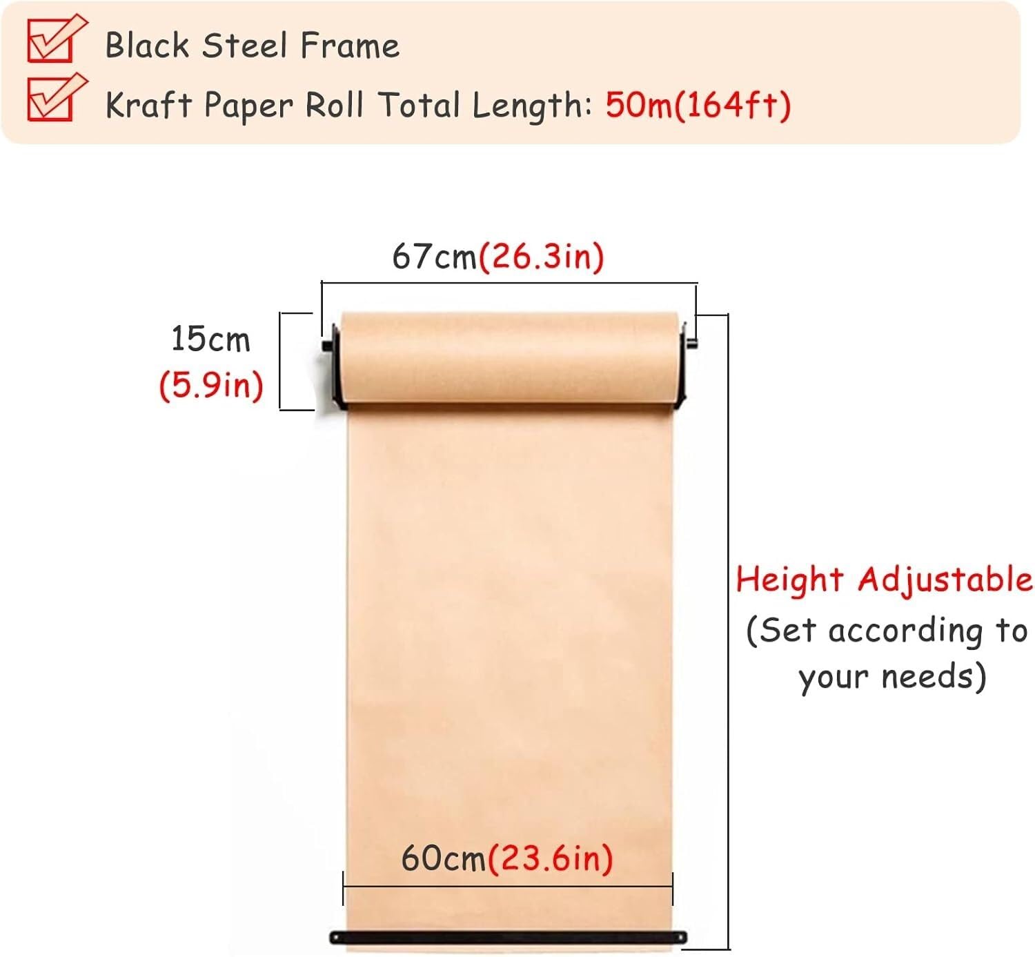 Cafe Kraft Dérouleur et distributeur de papier kraft pour plats journaliers, 50 m de long (cadre en acier large - 67 cm / 26,3 pouces)