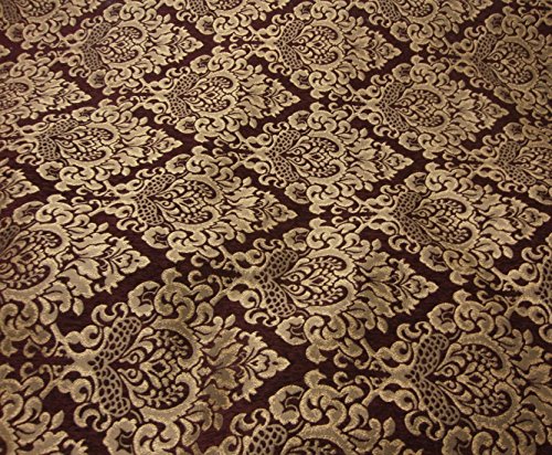 56  Wide Wine Cleopatra Chenille Fabric Gold Damask Print Upholstery Furniture Fabric by The Yard
