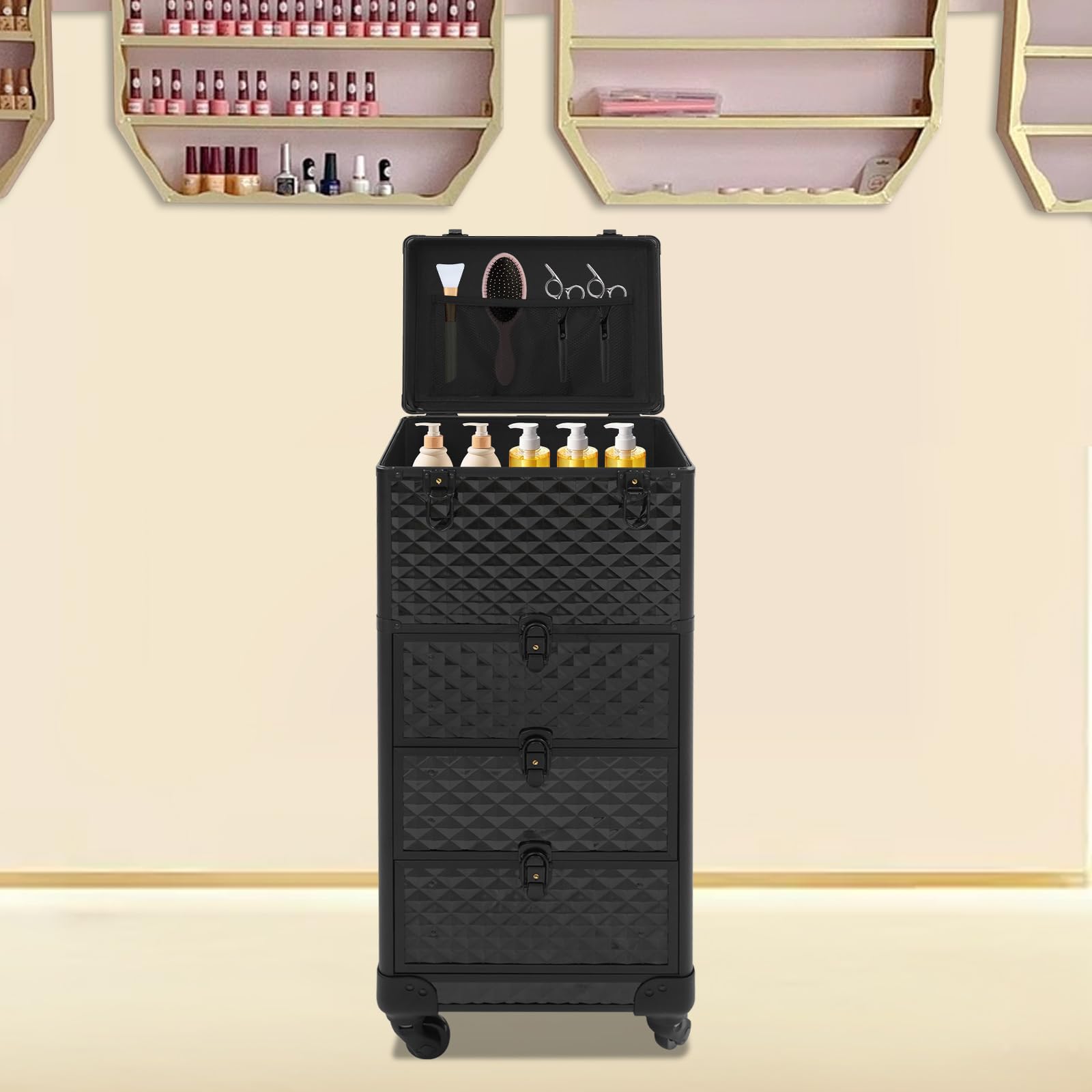 Mallette de maquillage pour femme avec 3 tiroirs et serrure de sécurité, alliage d'aluminium, 4 roues, idéale pour maquilleurs, maquillage de mariage et professionnels, Noir , 34*27*107cm, Moderne