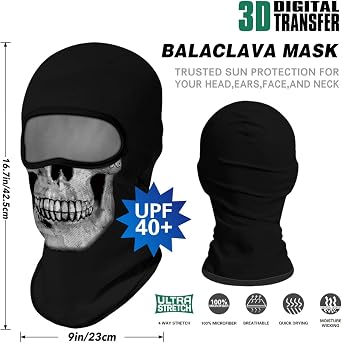 ShopINess Skull Balaclava 3D UPF 40+ Microfiber Ski Mask for Motorcycle Cycling Snowboard and Outdoor Sports