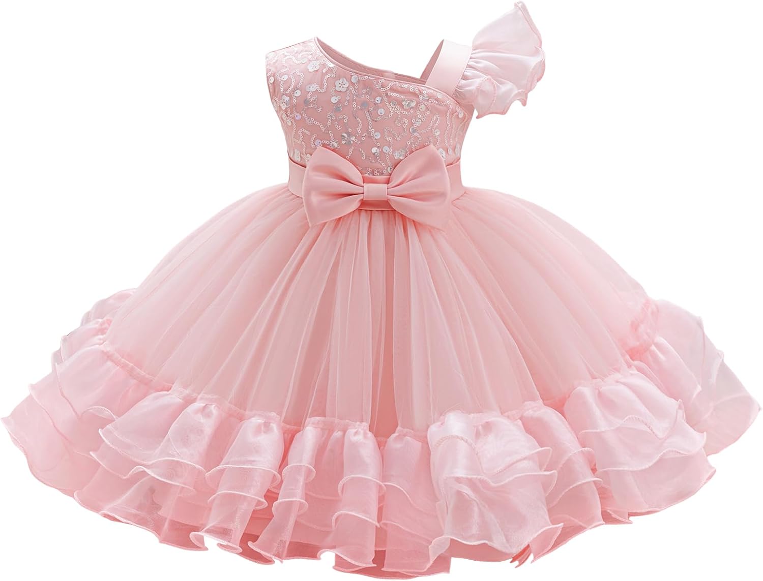 OBEEII Flower Girl Dress Toddler Wedding Party Ruffle Tutu Tulle Dress Asymmetric Shoulder Sequin Birthday Pageant Dresses