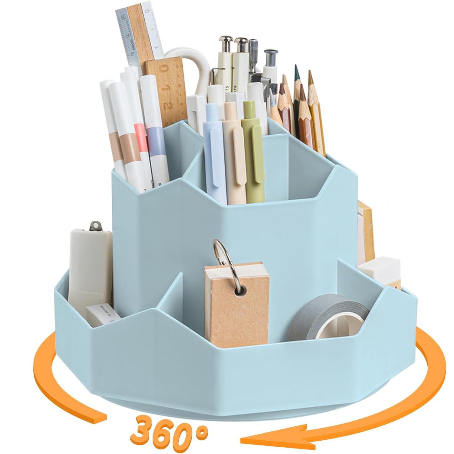 Joyzzz Rotating Pen Holder, Multi-Functional Pen Holder with 9 Compartments, Desk Pencil Pen Holder for Art Supply and Pencil, Desk Organizers Pencil Holder Suitable for Office, School, Home (Blue)