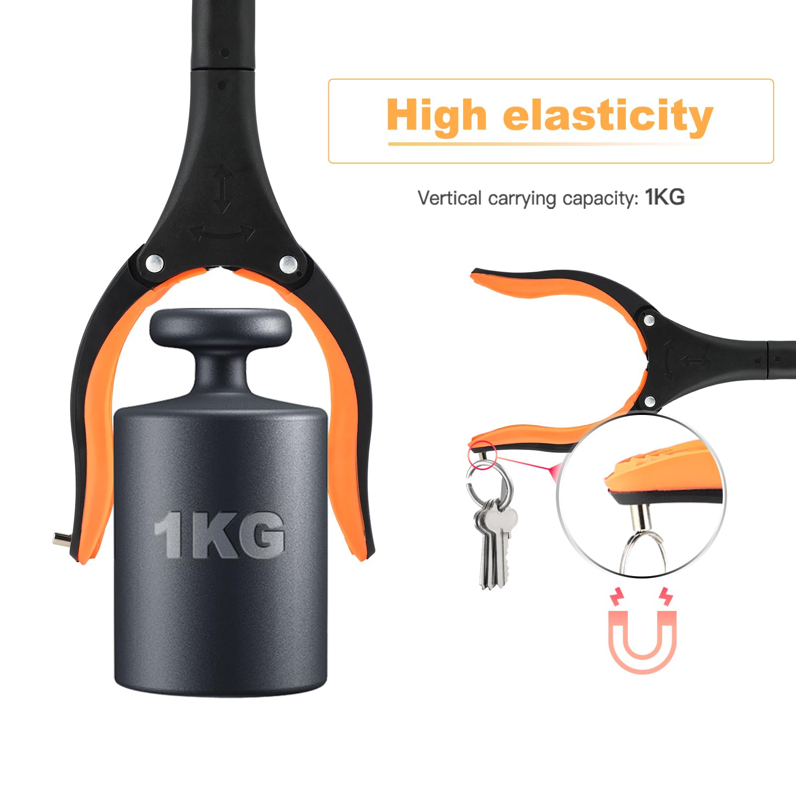 Pince de Ramassage Pliante, pince pour ramasser sans se baisser, 360° Tête pince ramasse objet, Barre avec Extrémité Magnétique pour la Collecte de Déchets et d'Ordures, Longueur de 80 cm(orange)