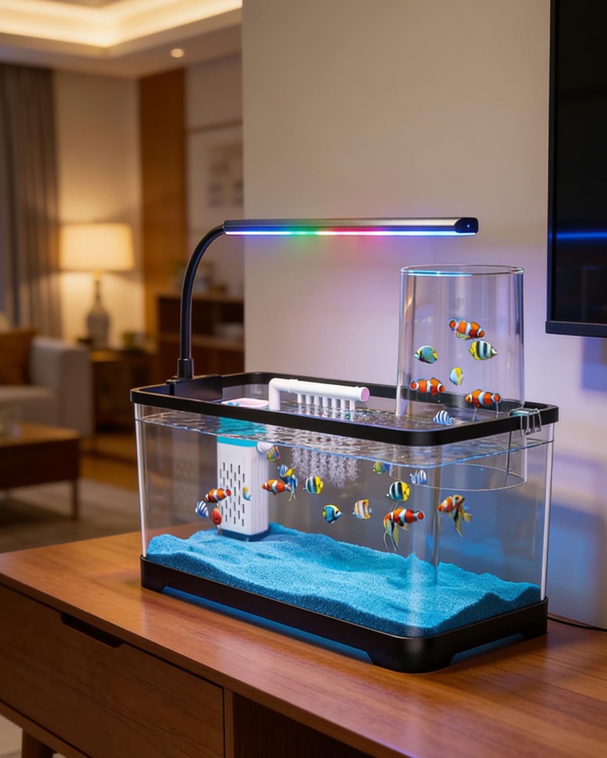 Kit de tanque de peces de acuario de presión negativa, kit de inicio de tanque de peces Betta de 3 galones con luz y filtro, arena azul, perfecto para peces pequeños, camarones o beta