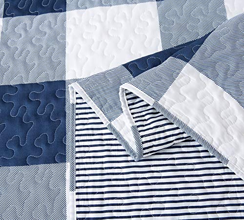 Soul & Lane Checks And Stripes Oversized King Comforter - Quilt And 2 Shams: Blue Buffalo Check Lightweight Coverlet, Farmhouse Quilted Bedspread, Rustic Country King Size Bedding, Plaid Blanket #TOP2