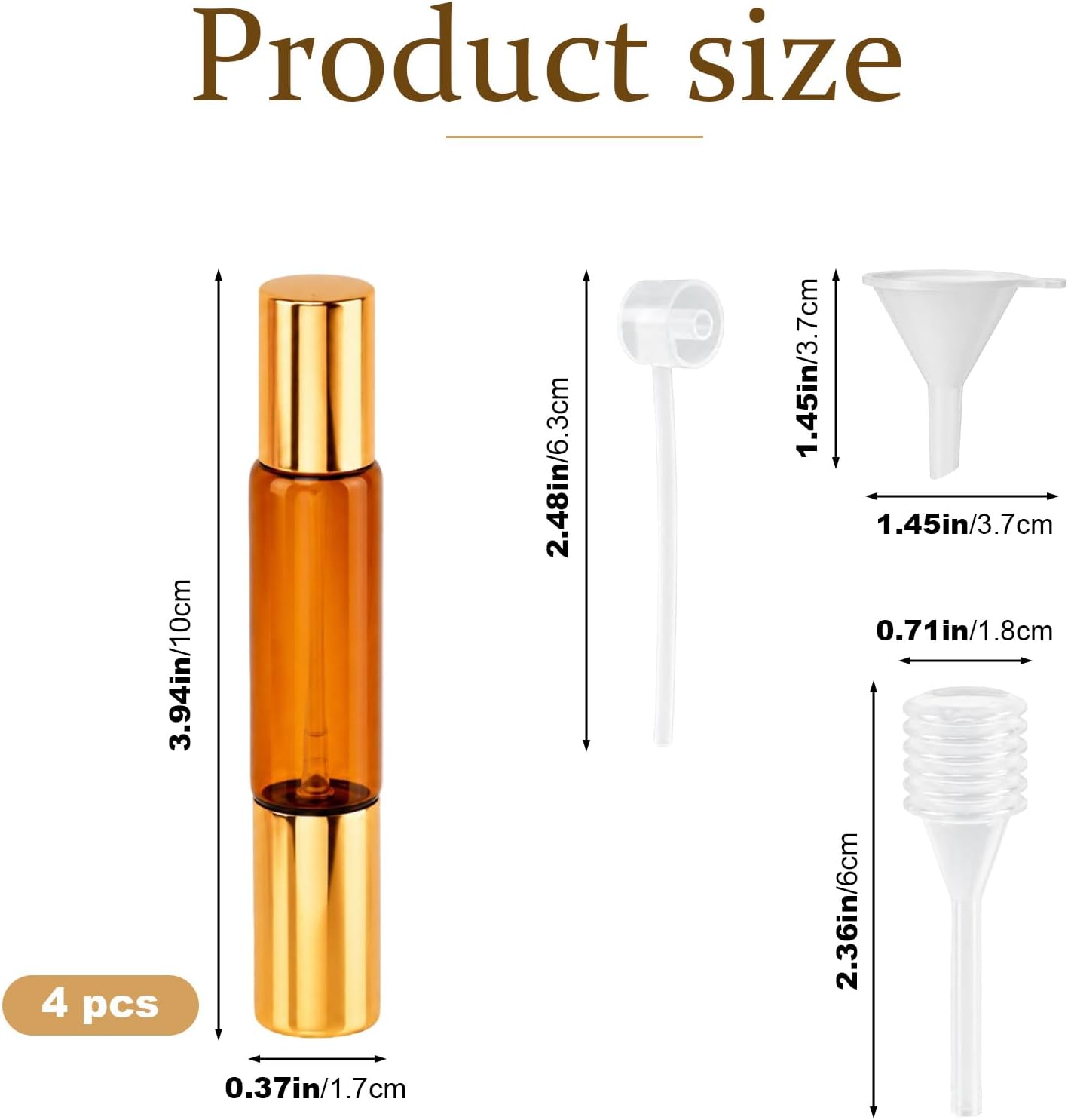 Double Ended Perfume Bottle, 4 Pack 10ml Refillable Travel Perfume Bottle With Roller Ball &Spray, Amber Glass Roller Bottles with Funnel Tool for Perfume,Cologne,Essential Oils