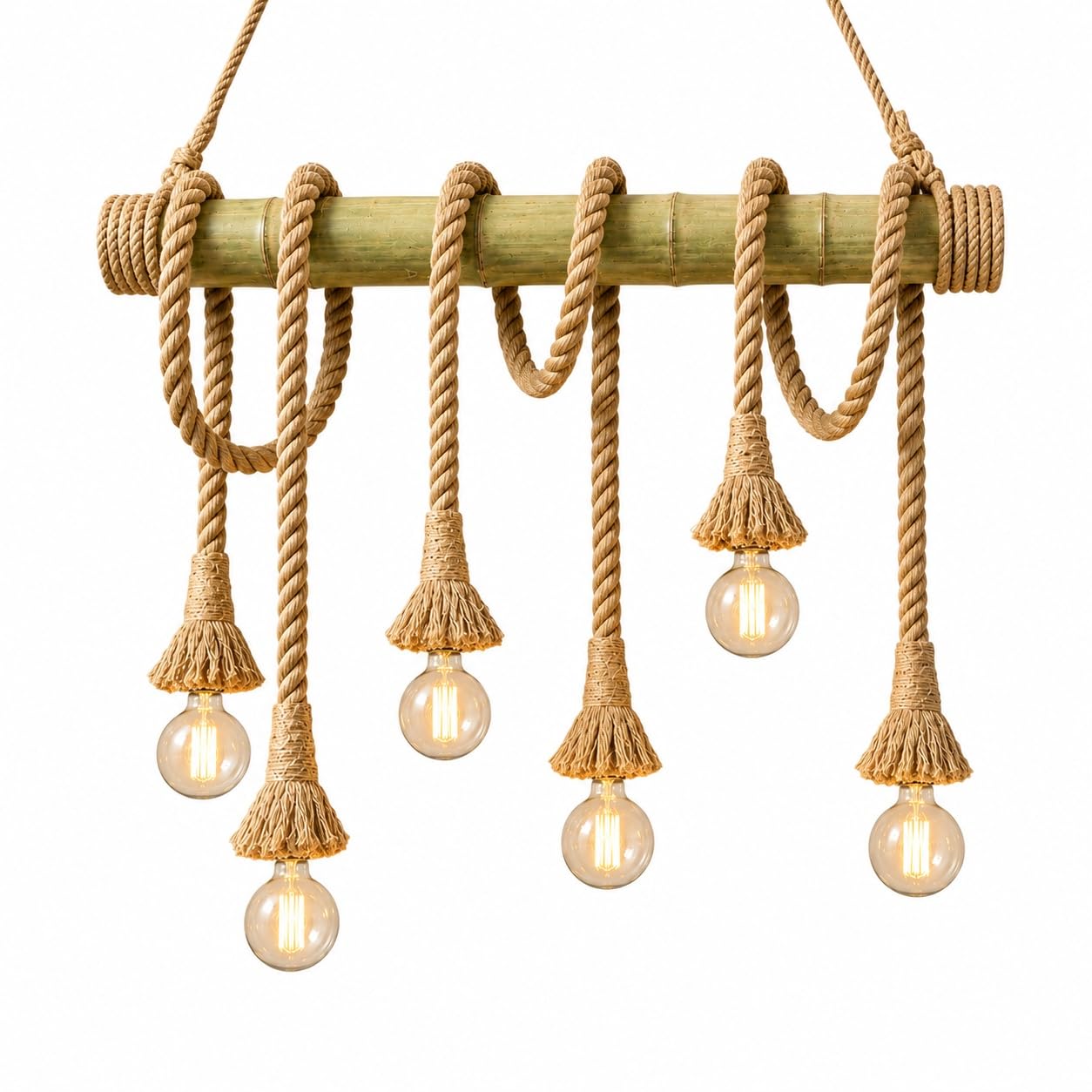 ONSSI® Lámpara Colgante de Bambú Natural,Lámpara de Techo Vintage Rústica con 6 Portalámparas E27,Diseño de Cuerda de Cáñamo Ajustable,para Comedor,Salón,Bar,Cafetería y Restaurante (Sin Bombillas)