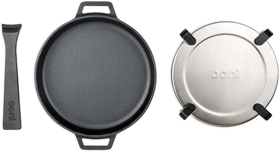 ooni Cast Iron Skillet Pan - 9 Round Fyring Skillet Pan with Removable Handle and Sainless Steel Trivet, Cast Iron Frying Pan, Pre-Seasoned Non-Stick Oven Safe Cookware, Pizza Oven & BBQ Accessories