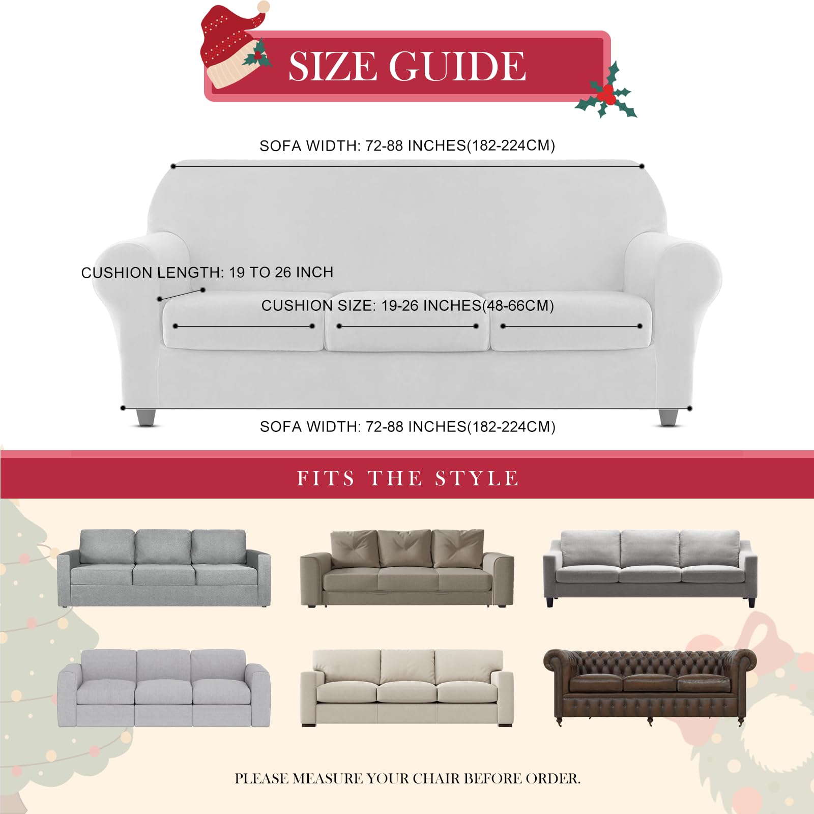 Lot de 4 Housses de canapé de Noël 3 Places avec Housse élastique Extensible - Imprimée - avec accoudoirs - Douce et antidérapante (Flocons de Neige à Carreaux)