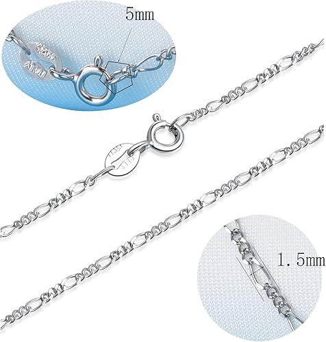 Miniatura 9 de Collar de cadena de plata de ley 925 para mujer, 0.059 pulgadas de ancho, cadena fina italiana Figaro plataoro, 14-30 pulgadas