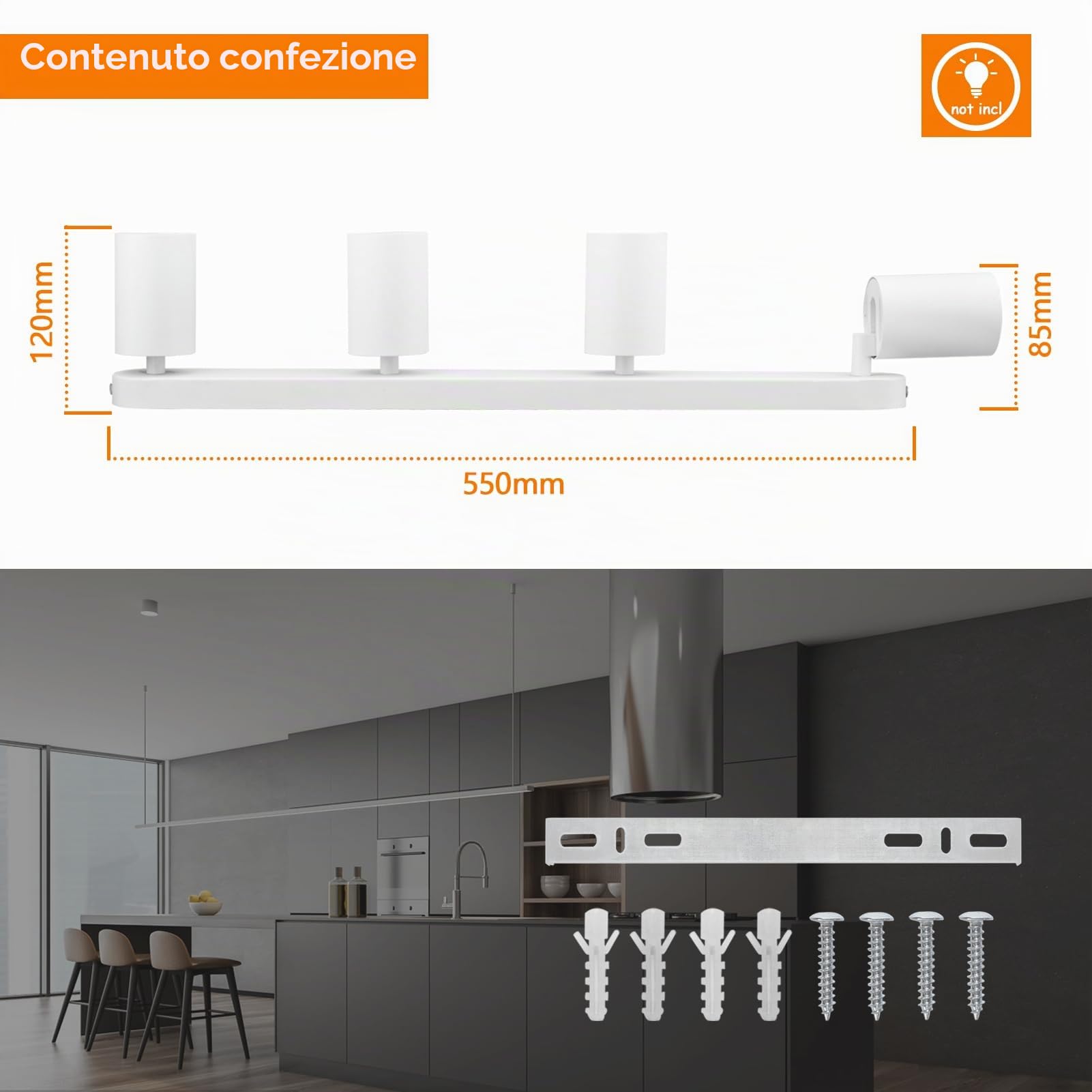 KYOTECH Faretti da soffitto orientabili a 4 luci Plafoniera LED Attacco GU10,Per 4 lampadine GU10 non incluse, Lampadario moderno per Camera Faretti Orientabili Parete Lampadine Bianco opaco