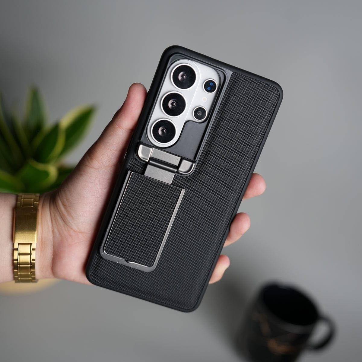 FRATO Metal Camera Cap Stand Case Cover compatiable with Samsung Galaxy S26 Ultra (Black) | PU Leather Finish | Built-in Kickstand | Shockproof Protective Back Cover