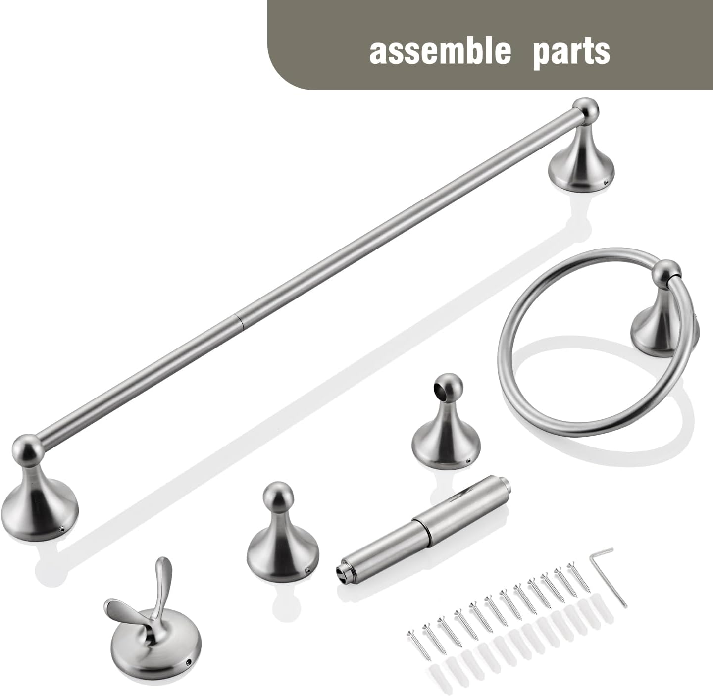 4-Piece Bathroom Hardware Set: Brushed Nickel Bathroom Accessory Set, Towel Bar,Towel Ring,Toilet Paper Holder,Robe Hook, Wall Mounted,Optional Install Longer or Shorter Towel bar