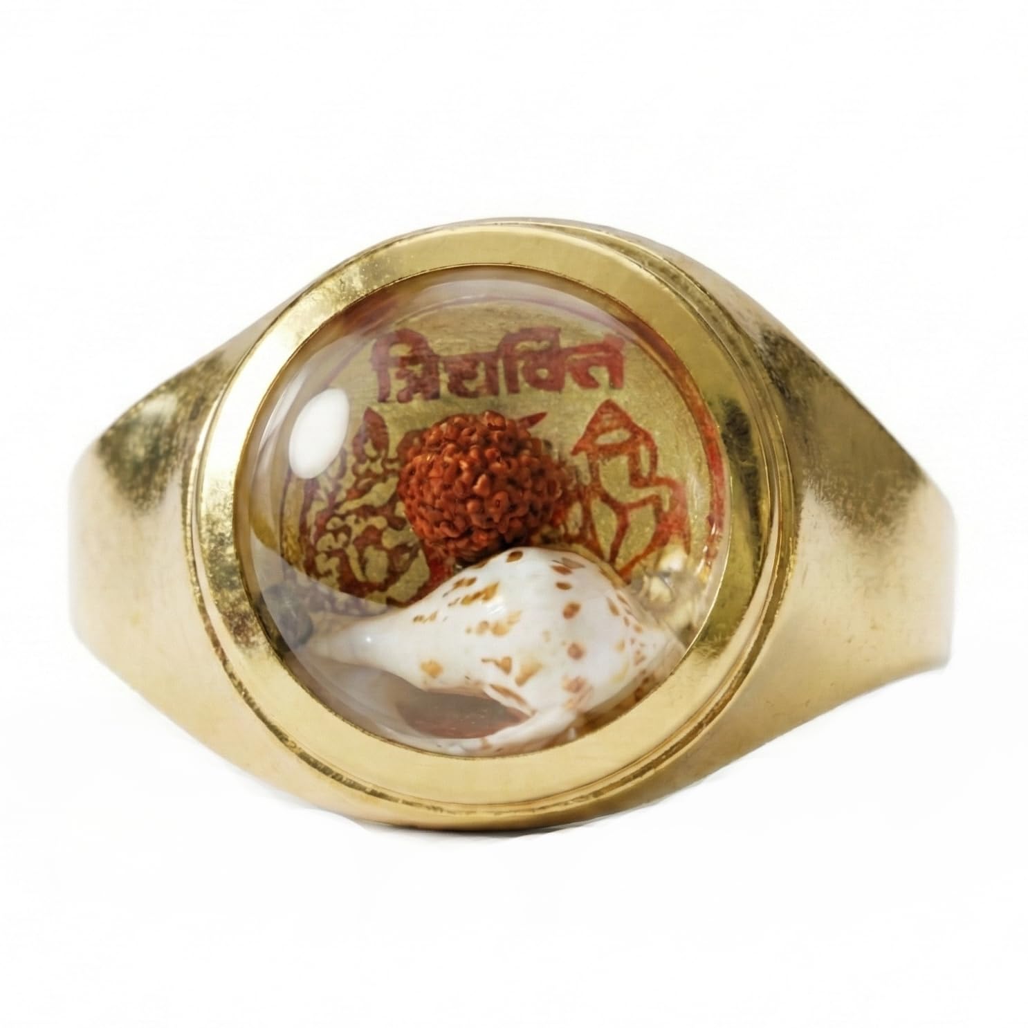 Trishakti Ring Stainless Steel – Gold Plated Religious Band with Rudraksha Bead & Shankh (Conch) Shell, Spiritual Vastu Yantra Finger Jewelry for Men & Women-picture-20