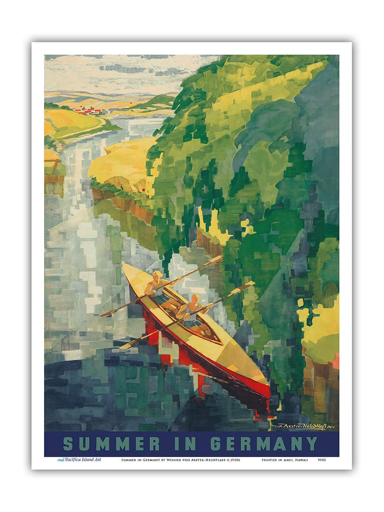 Pacifica Island Art Summer in Germany - Kayaking - German Railways - Vintage Travel Poster by Werner von Axster-Heudthass c.1930s - Master Print 9in x 12in