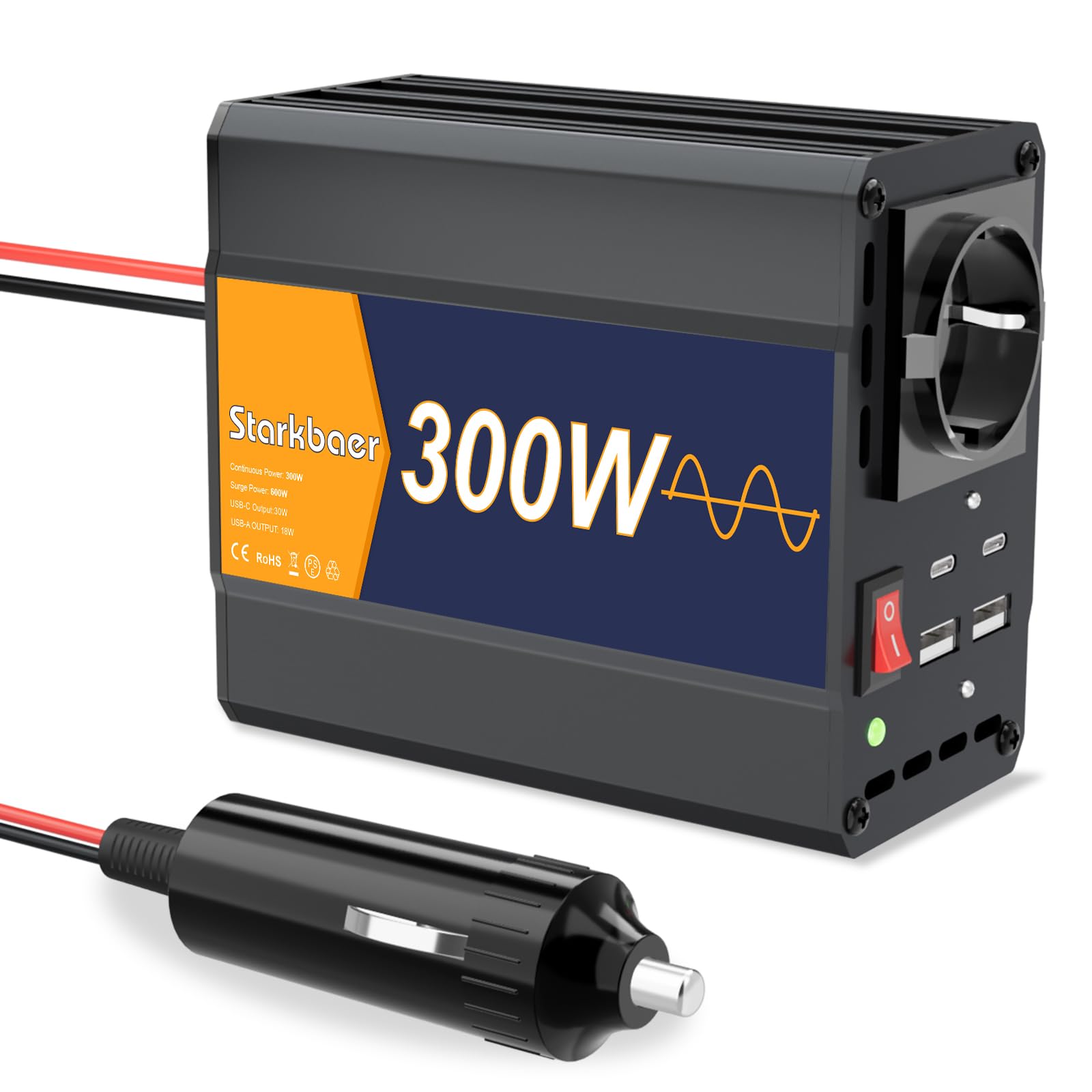 Convertisseur Voiture 12V 230V Pure Sinus 300W Onduleur Allume-Cigare USB | Onduleur avec Prise Allume-Cigare, 4 Ports USB & Boîtier en Aluminium. Idéal pour Recharge de Téléphone & Voyages en Auto