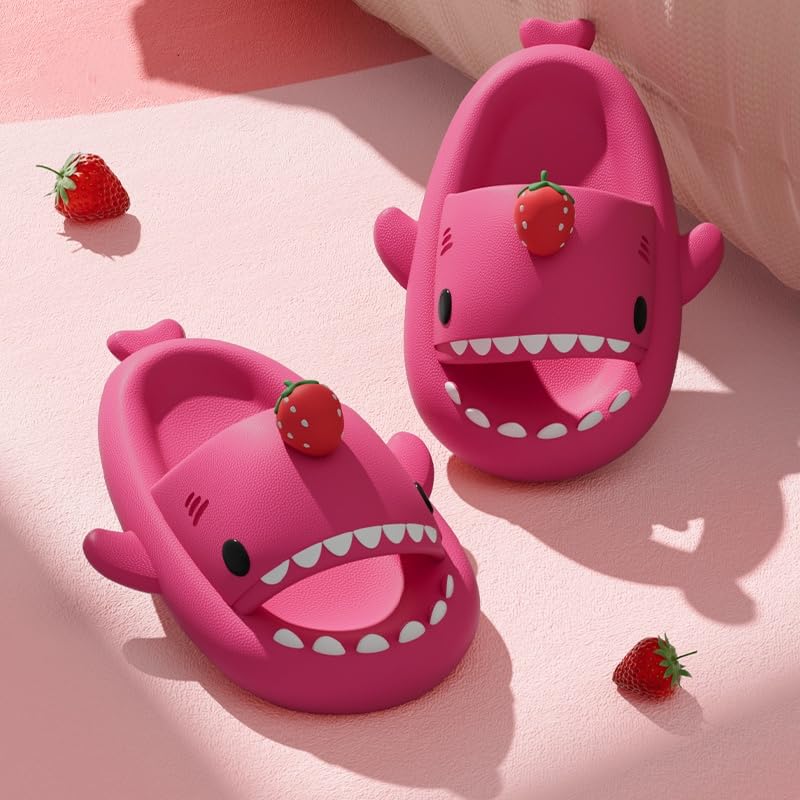 Strawberry Shark Slides,Cloud Shark Slides Thick Sole Unisex Cute Cartoon Shark Slippers Soft Beach Slippers2